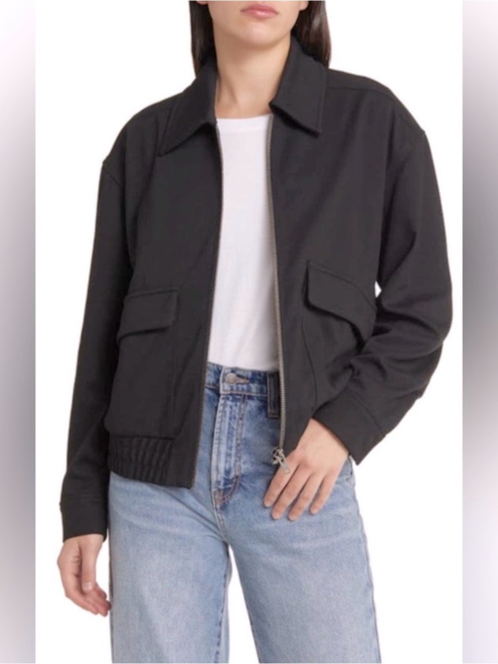 Treasure & Bond Black Zip-Front Bomber Jacket